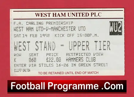 West Ham United v Manchester United 1998 - Match Ticket - Image 2