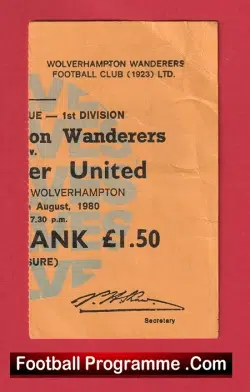 Wolves v Manchester United 1980 - 80's Match Ticket - football memorabilia