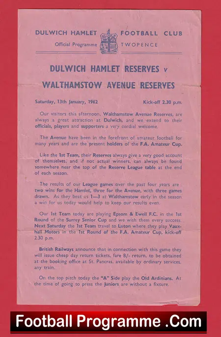 Dulwich Hamlet v Walthamstow Avenue 1962 - Reserves Match - Image 2