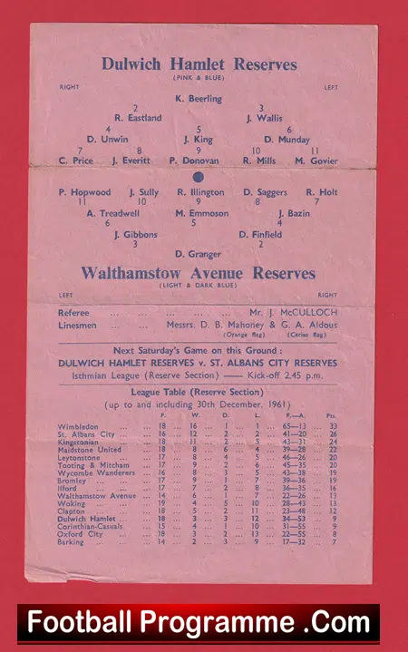 Dulwich Hamlet v Walthamstow Avenue 1962 - Reserves Match - Image 3