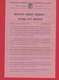 Dulwich Hamlet v Oxford City 1962 – Reserves Match