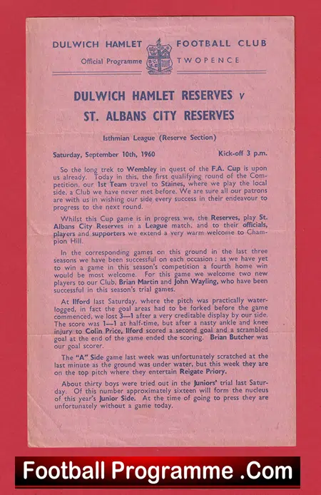 Dulwich Hamlet v St Albans City 1960 - Reserves Match - Image 2