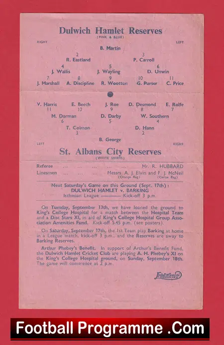 Dulwich Hamlet v St Albans City 1960 - Reserves Match - Image 3