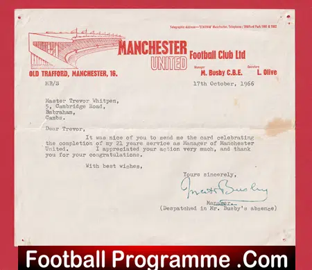 Manchester United Sir Matt Busby Autograph Signed Club Letter Man Utd - Image 2