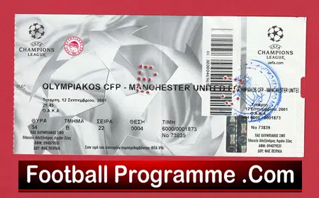 Olympiakos Piraeus v Manchester United 2001 - Match Ticket Greece - Image 2