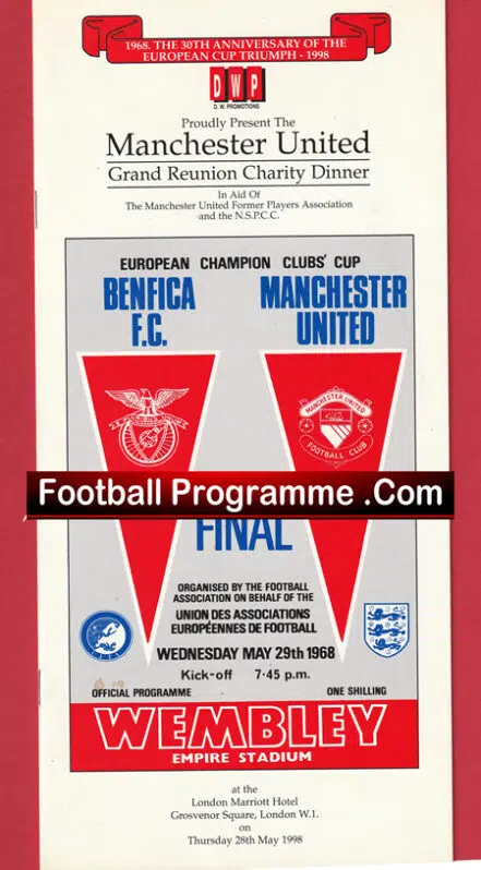 Manchester United 1968 Final Grand Reunion Charity Dinner Menu 1998