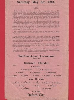 Dulwich Hamlet v Oxford City 1922 – 1920s Football Programme
