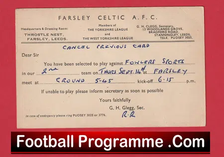 Farsley Celtic Football Club Team Official Players Selection Card 1950 - C8 - Image 2