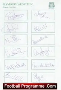 Plymouth Argyle Football Club Multi Autographed Sheet 2000 2001