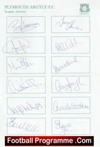 Plymouth Argyle Football Club Multi Autographed Sheet 2000 2001