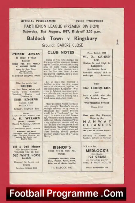Baldock Town v Kingsbury 1957 – Parthenon League