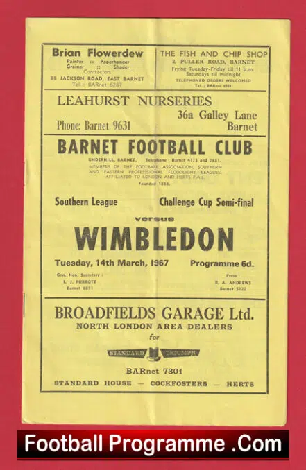 Barnet v Wimbledon 1967 – Semi Final