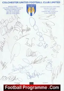 Colchester United Football Club Multi Autographed Sheet 2000 2001