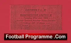 Darwen v Manchester United 1998 - Treble Season Match Ticket - football memorabilia