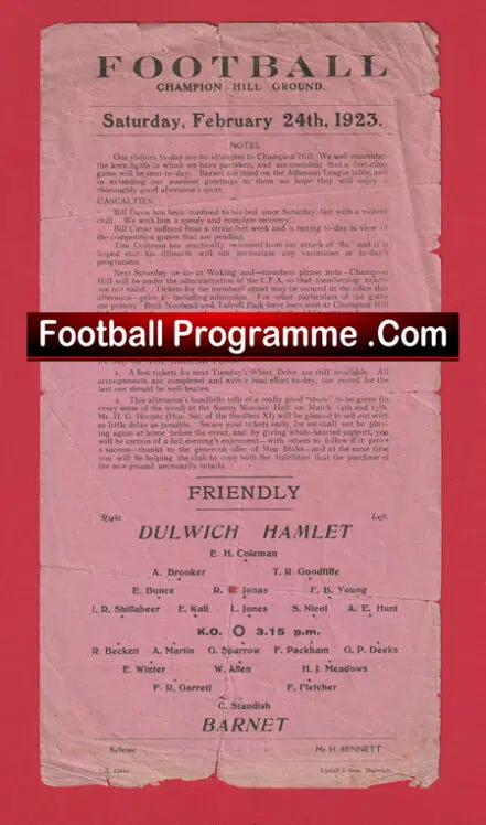 Dulwich Hamlet v Barnet 1923 – 1920s Football Programme