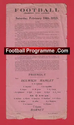 Dulwich Hamlet v Barnet 1923 – 1920s Football Programme