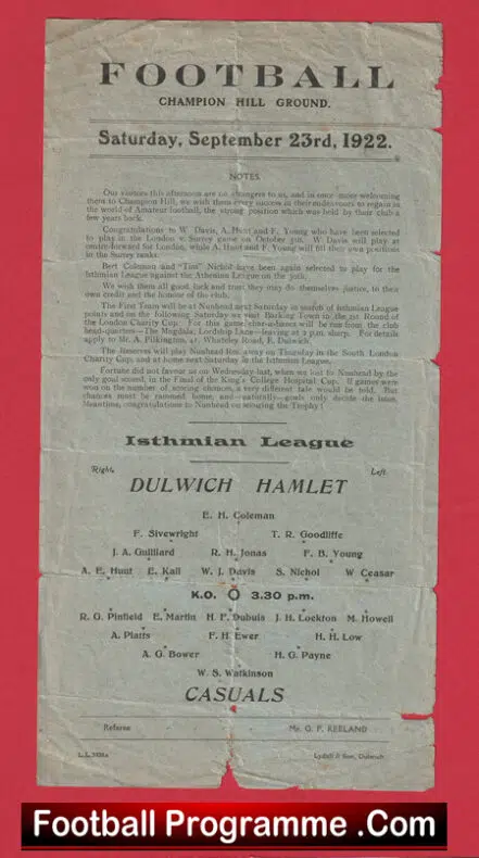 Dulwich Hamlet v Casuals 1922 – 1920s Football Programme