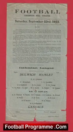 Dulwich Hamlet v Casuals 1922 - 1920s Football Programme - football programme
