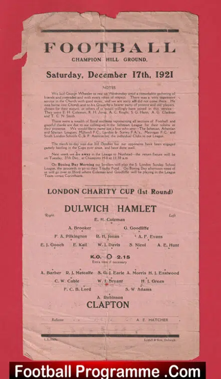 Dulwich Hamlet v Clapton 1921 – 1920s Football Programme