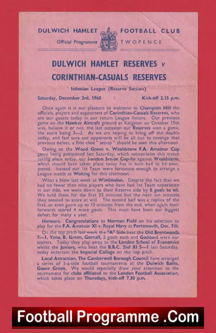 Dulwich Hamlet v Corinthian Casuals 1960 – Reserves Match