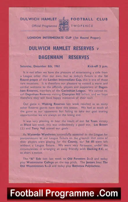 Dulwich Hamlet v Dagenham 1961 – Reserves Match
