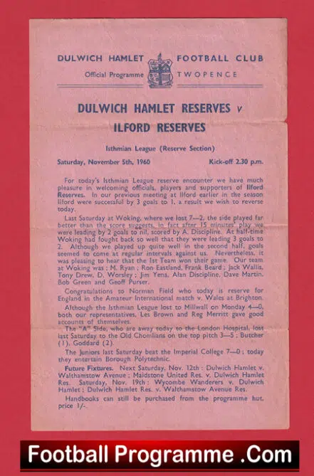 Dulwich Hamlet v Ilford 1960 – Reserves Match
