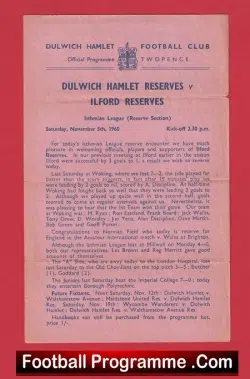 Dulwich Hamlet v Ilford 1960 - Reserves Match - football programme