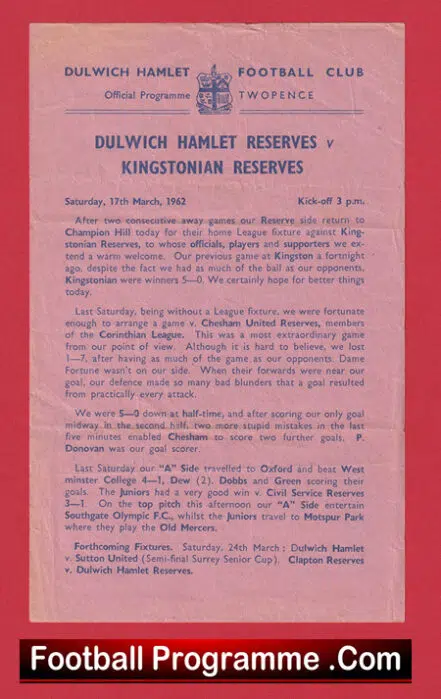 Dulwich Hamlet v Kingstonian 1962 – Reserves Match