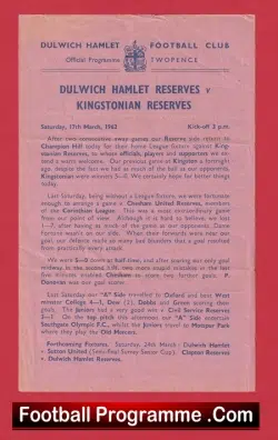 Dulwich Hamlet v Kingstonian 1962 – Reserves Match