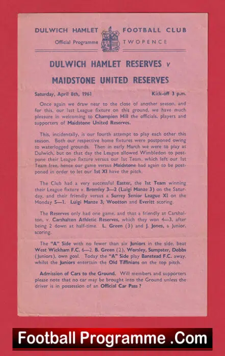Dulwich Hamlet v Maidstone United 1961 – Reserves Match