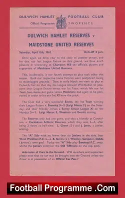 Dulwich Hamlet v Maidstone United 1961 – Reserves Match