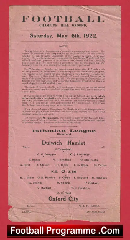 Dulwich Hamlet v Oxford City 1922 – 1920s Football Programme