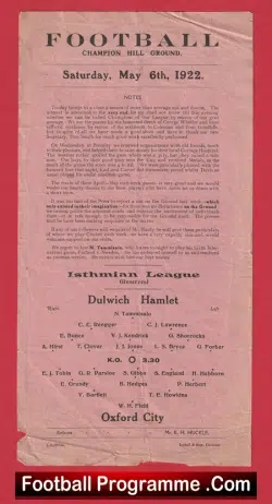 Dulwich Hamlet v Oxford City 1922 – 1920s Football Programme