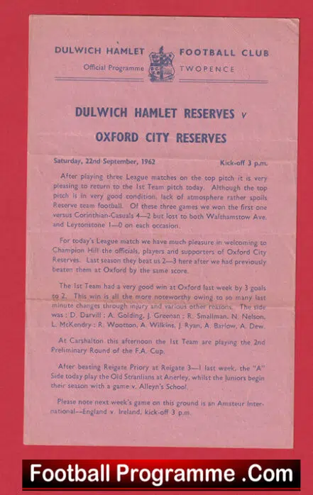 Dulwich Hamlet v Oxford City 1962 – Reserves Match