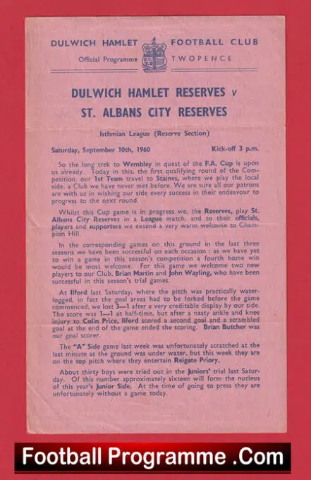 Dulwich Hamlet v St Albans City 1960 – Reserves Match