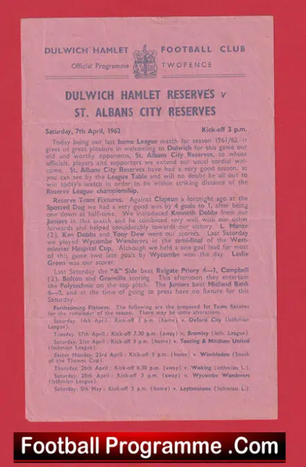 Dulwich Hamlet v St Albans City 1962 – Reserves Match
