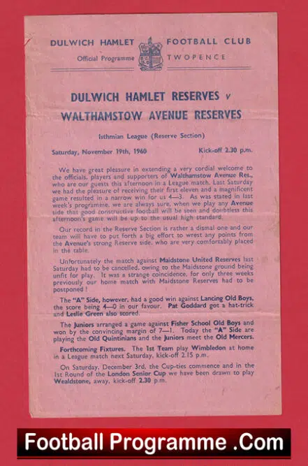 Dulwich Hamlet v Walthamstow Avenue 1960 – Reserves Match