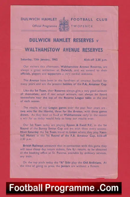 Dulwich Hamlet v Walthamstow Avenue 1962 – Reserves Match