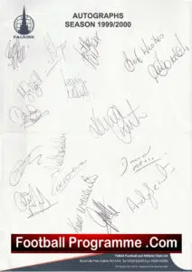Falkirk Football Club Multi Autographed Team Sheet 1999 – 2000