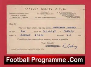 Farsley Celtic Football Club Team Official Players Selection Card 1950 – C3
