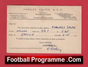 Farsley Celtic Football Club Team Official Players Selection Card 1950 – C5