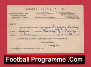 Farsley Celtic Football Club Team Official Players Selection Card 1950 – C10