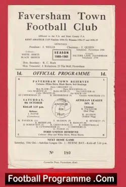 Faversham Town v Ford United 1960 – Reserves Match Single Sheet Programme