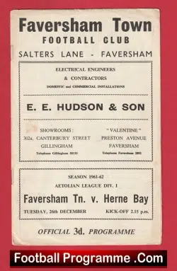 Faversham Town v Herne Bay 1961 – 1960s Football Programme