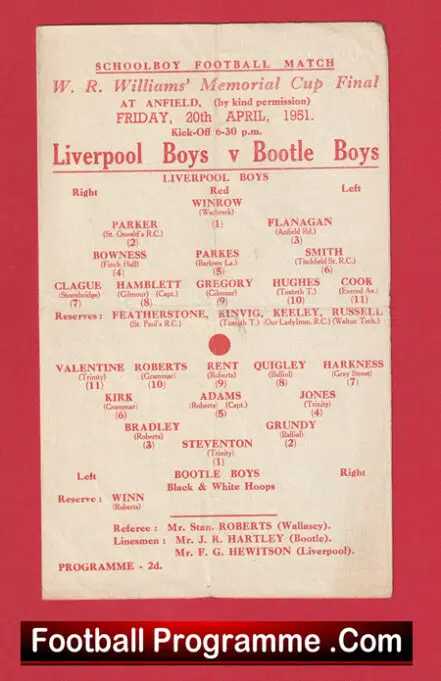 Liverpool Boys v Bootle Boys 1955 – Schoolboys Cup Final at Anfield