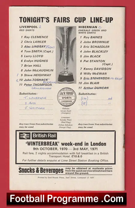 Liverpool v Hibernian Hibs 1970 - Fairs Cup - Image 3