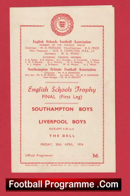 Southampton Boys v Liverpool Boys 1954 – Trophy Cup Final First Leg