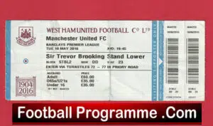 West Ham United v Manchester United 2016 – Ticket Last Match Upton Park