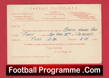 Farsley Celtic Football Club Team Official Players Selection Card 1951 - C21 - Image 2