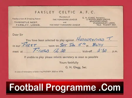 Farsley Celtic Football Club Team Official Players Selection Card 1951 - C23 - Image 2